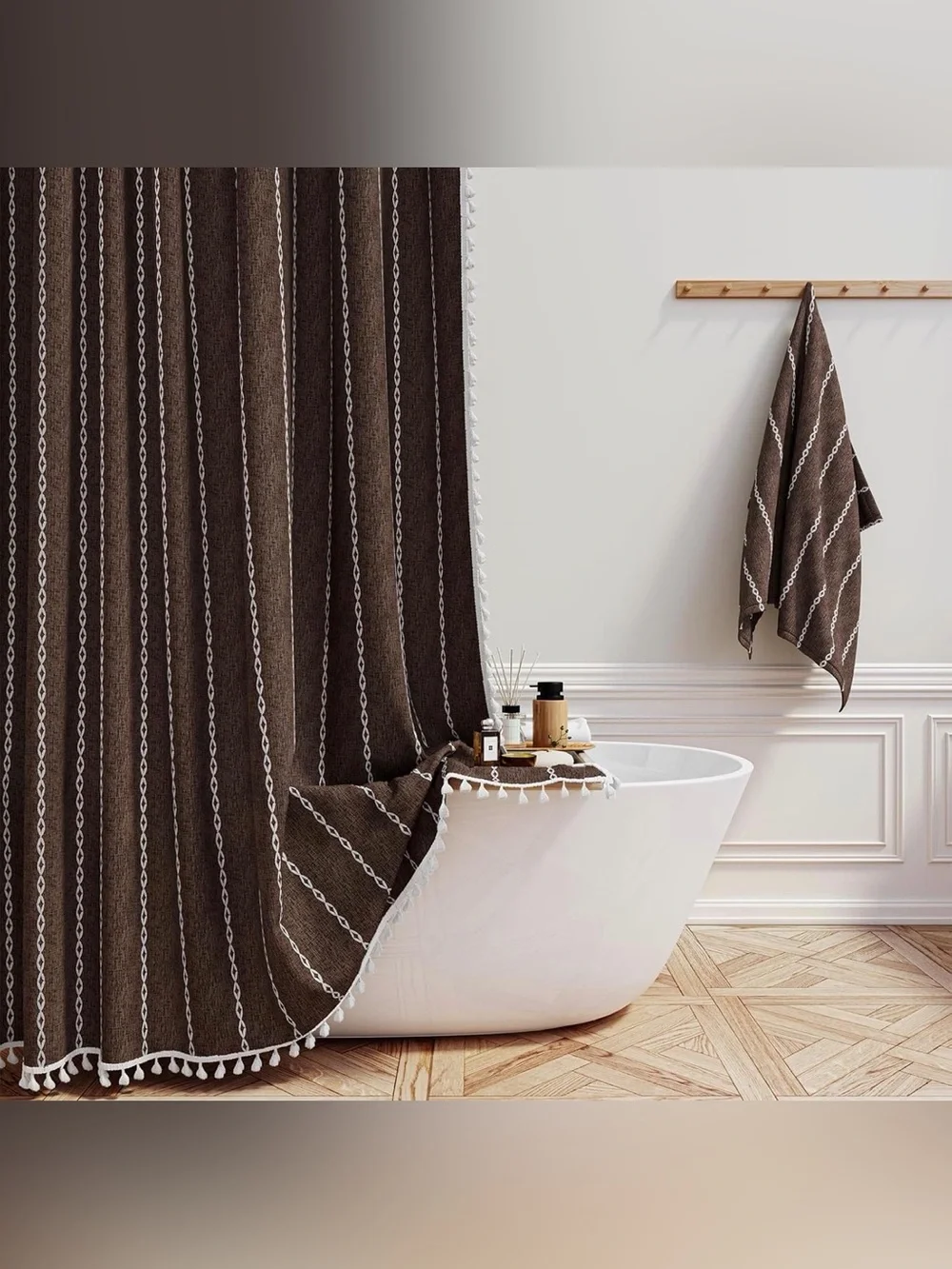 Brown Linen Bohemian Shower Curtain Heavy Duty Patterned Curtain Water repellent
